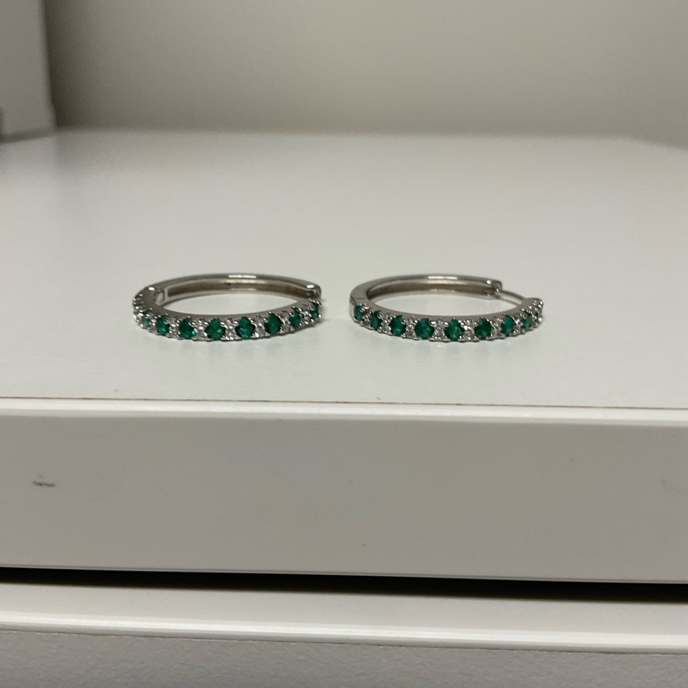 .925 Sterling Silver and Green Hoop Earrings